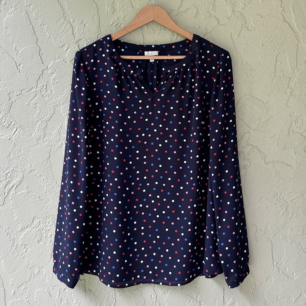 Talbots Women's Medium Blue Multicolor Polka Dot Split Neck Long Sleeves Blouse